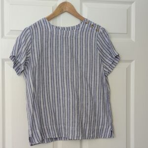 Lands End 100% Linen Blouse Top Blue & White Striped Top Size Small Like New